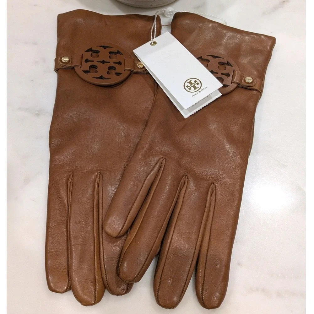 Tory Burch Miller Leather Gloves Women 7.5 T-Logo Brown Cashmere Lined 46591 NEW